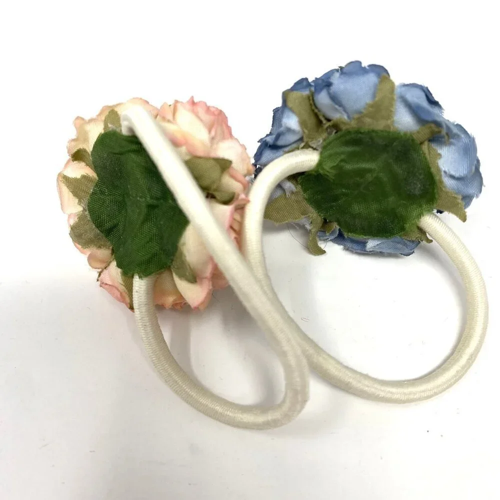 Set of 2 Rosette Elastic Ponytail Holder Blue Light Pink Hair Accessory Girls